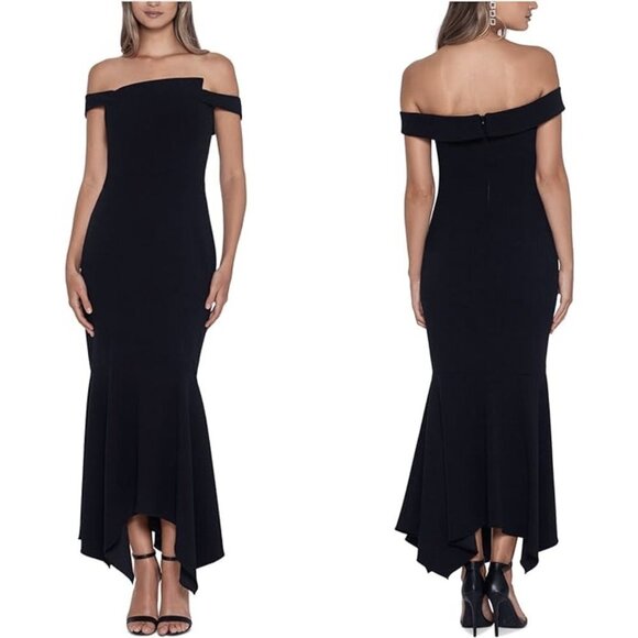 NEW XSCAPE Off Shoulder Asymmetrical Gown in Black Sz. 6 - Picture 1 of 3